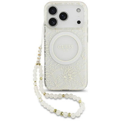 Guess IML Flowers Allover Electroplated with Pearl Strap MagSafe Case for iPhone 18 Pro / 17 Pro - White