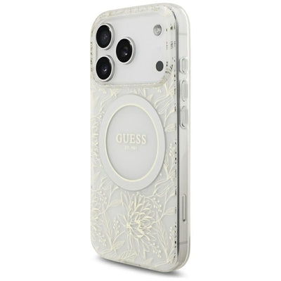 Guess IML Flowers Allover Electroplated with Pearl Strap MagSafe Case for iPhone 18 Pro / 17 Pro - White