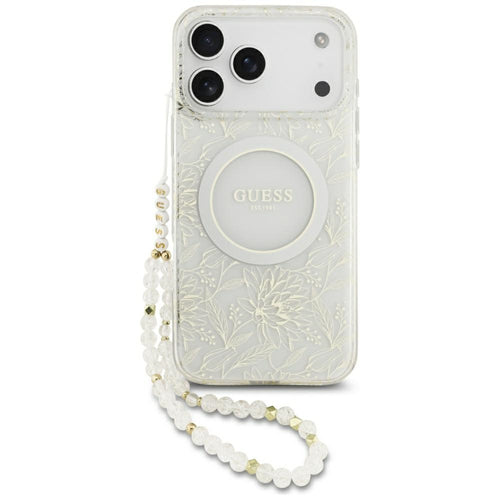 Guess IML Flowers Allover Electroplated with Pearl Strap MagSafe Case for iPhone 18 Pro Max / 17 Pro Max - White
