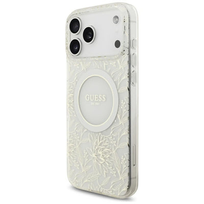 Guess IML Flowers Allover Electroplated with Pearl Strap MagSafe Case for iPhone 18 Pro Max / 17 Pro Max - White