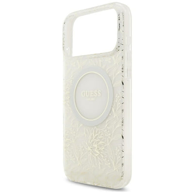 Guess IML Flowers Allover Electroplated with Pearl Strap MagSafe Case for iPhone 18 Pro Max / 17 Pro Max - White