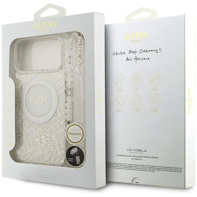 Guess IML Flowers Allover Electroplated with Pearl Strap MagSafe Case for iPhone 18 Pro Max / 17 Pro Max - White
