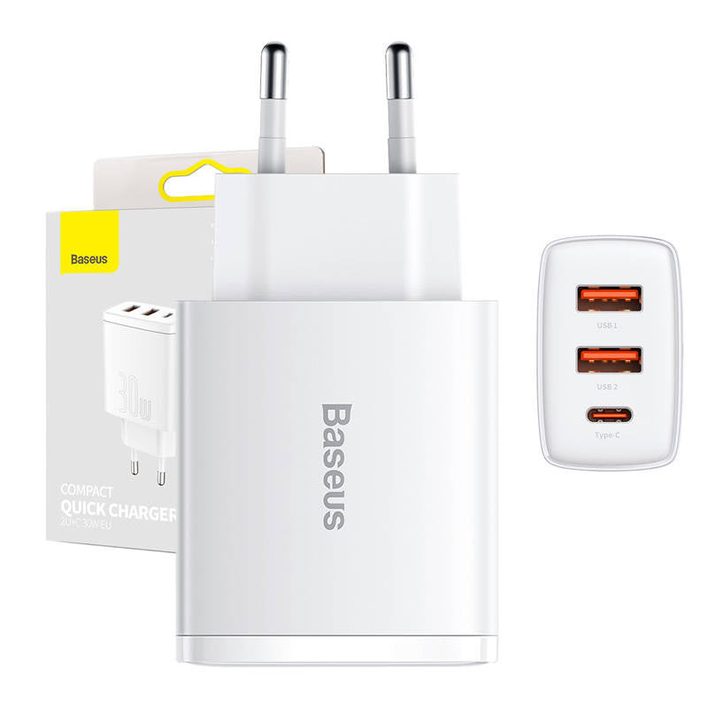 Ładowarka sieciowa Baseus Compact Quick Charger, 2xUSB, USB-C, PD, 3A, 30W (biała) - Product Image 1