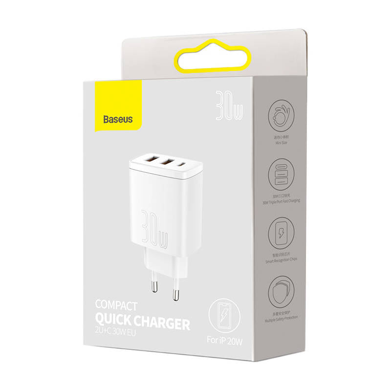 Ładowarka sieciowa Baseus Compact Quick Charger, 2xUSB, USB-C, PD, 3A, 30W (biała) - Product Image 6