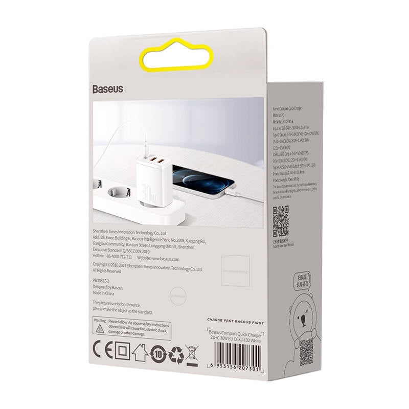 Ładowarka sieciowa Baseus Compact Quick Charger, 2xUSB, USB-C, PD, 3A, 30W (biała) - Product Image 7