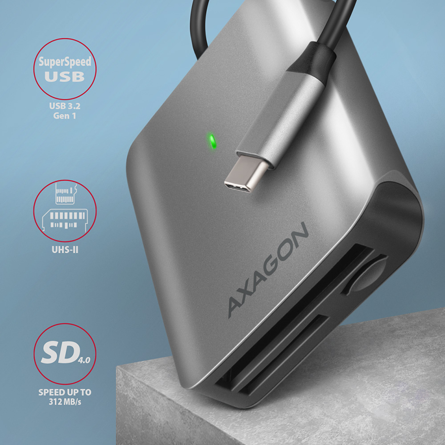 Aluminum high-speed USB-C 3.2 Gen 1 memory card reader. 3 slots, UHS-II. — AXAGON