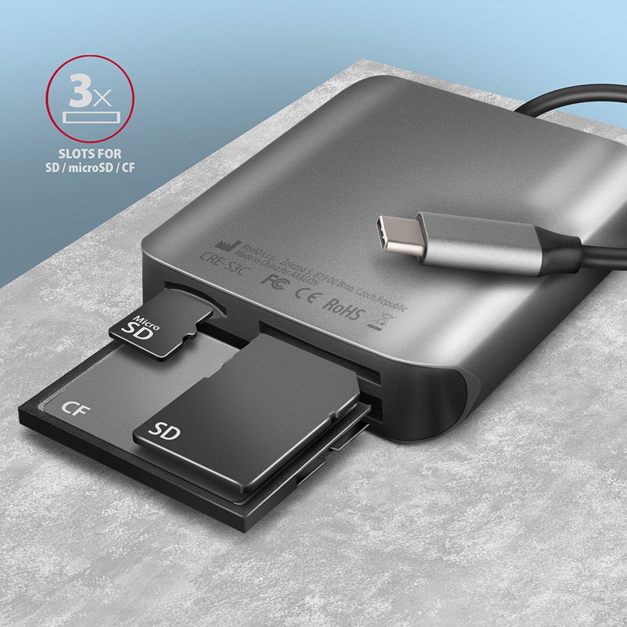 Aluminum high-speed USB-C 3.2 Gen 1 memory card reader. 3 slots, UHS-II. — AXAGON