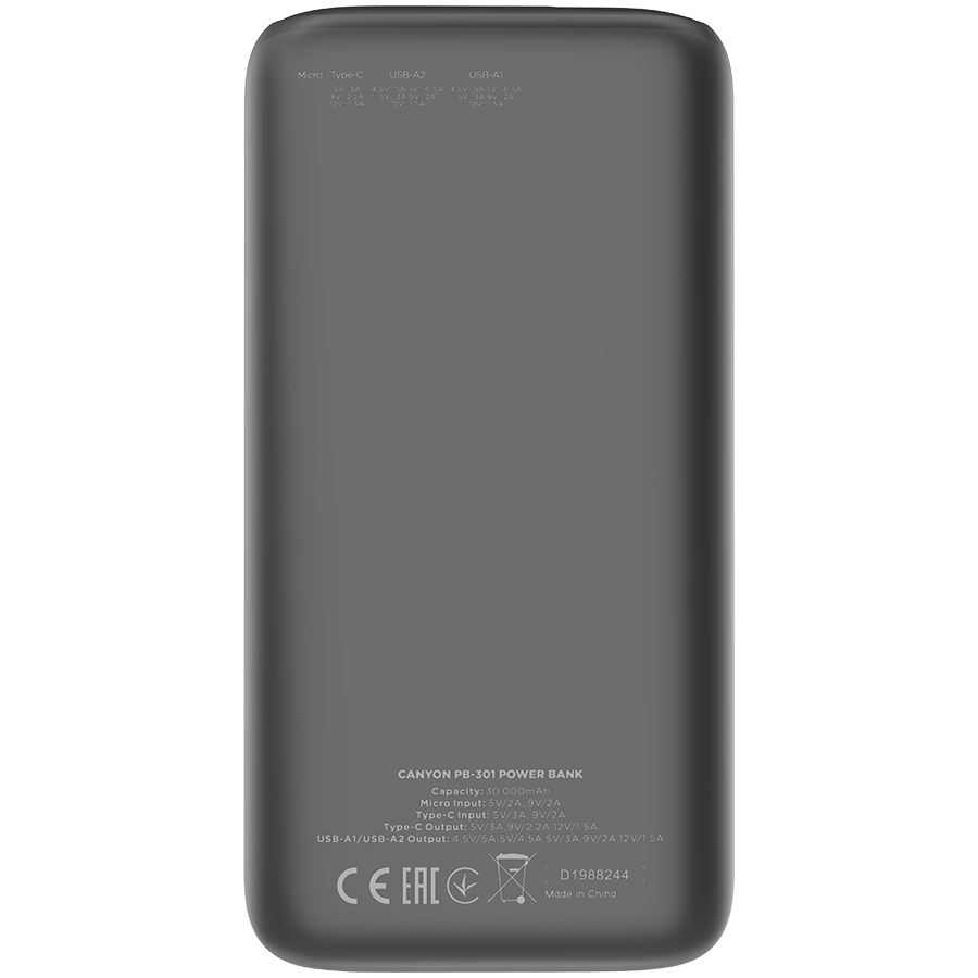 CANYON power bank PB-301 LED 30000 mAh PD 20W QC 3.0 Black
