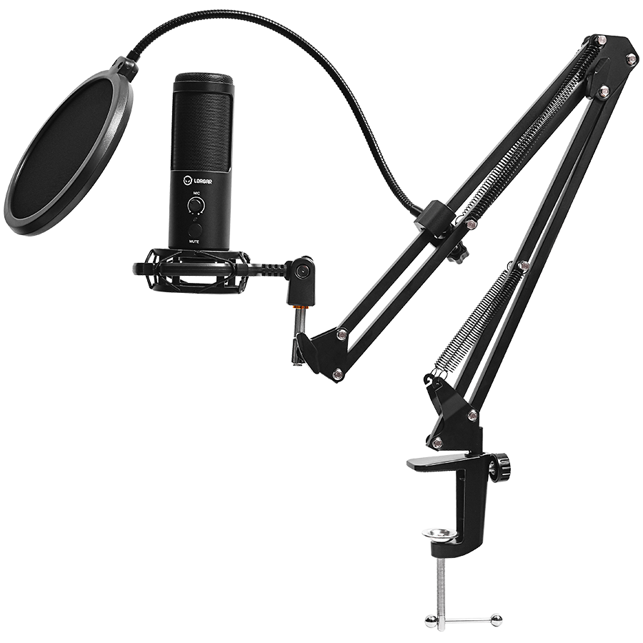 LORGAR Voicer 931, Gaming Microphone, Black, USB condenser microphone with boom arm stand, pop filter, tripod stand. includin