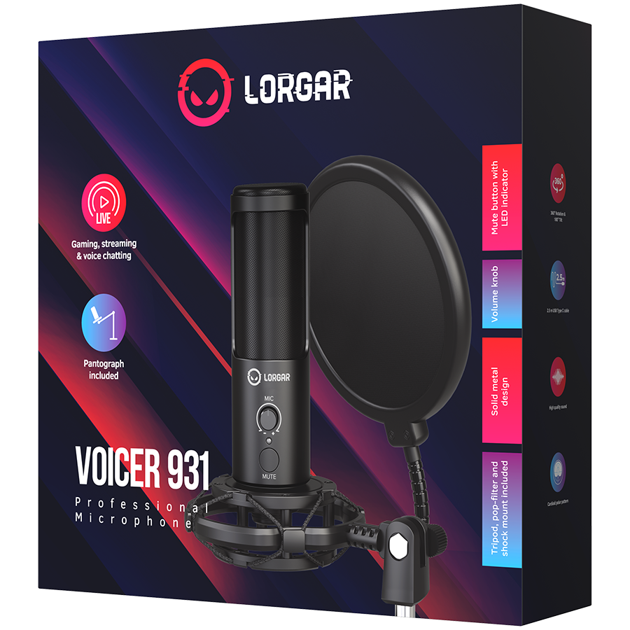 LORGAR Voicer 931, Gaming Microphone, Black, USB condenser microphone with boom arm stand, pop filter, tripod stand. includin