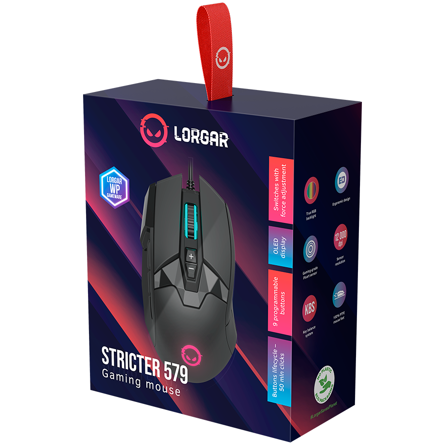 LORGAR Stricter 579, gaming mouse, 9 programmable buttons, Pixart PMW3336 sensor, DPI up to 12 000, 50 million clicks buttons