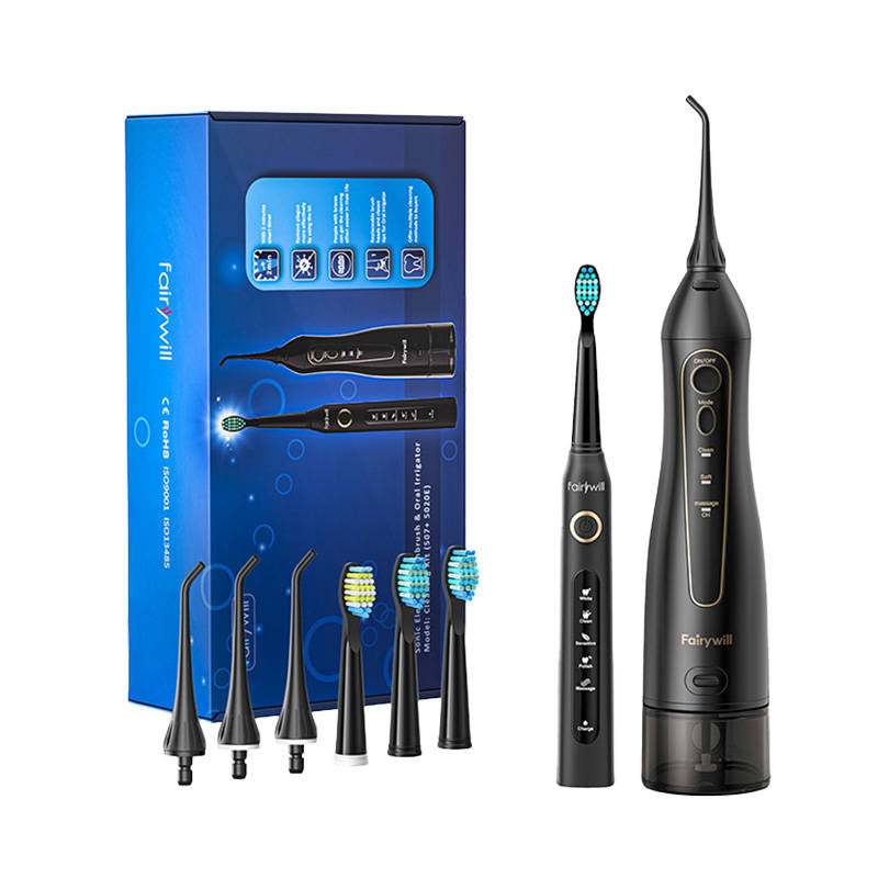 Sonic toothbrush with tip set and FairyWill FW-507+FW-5020E irrigator (black) - Product Image 1