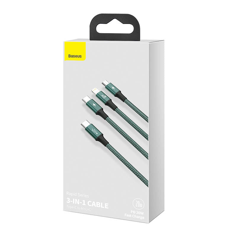 Baseus Rapid Series 3-in-1 cable USB-C For M+L+T 20W 1.5m (Green ) - Product Image 7
