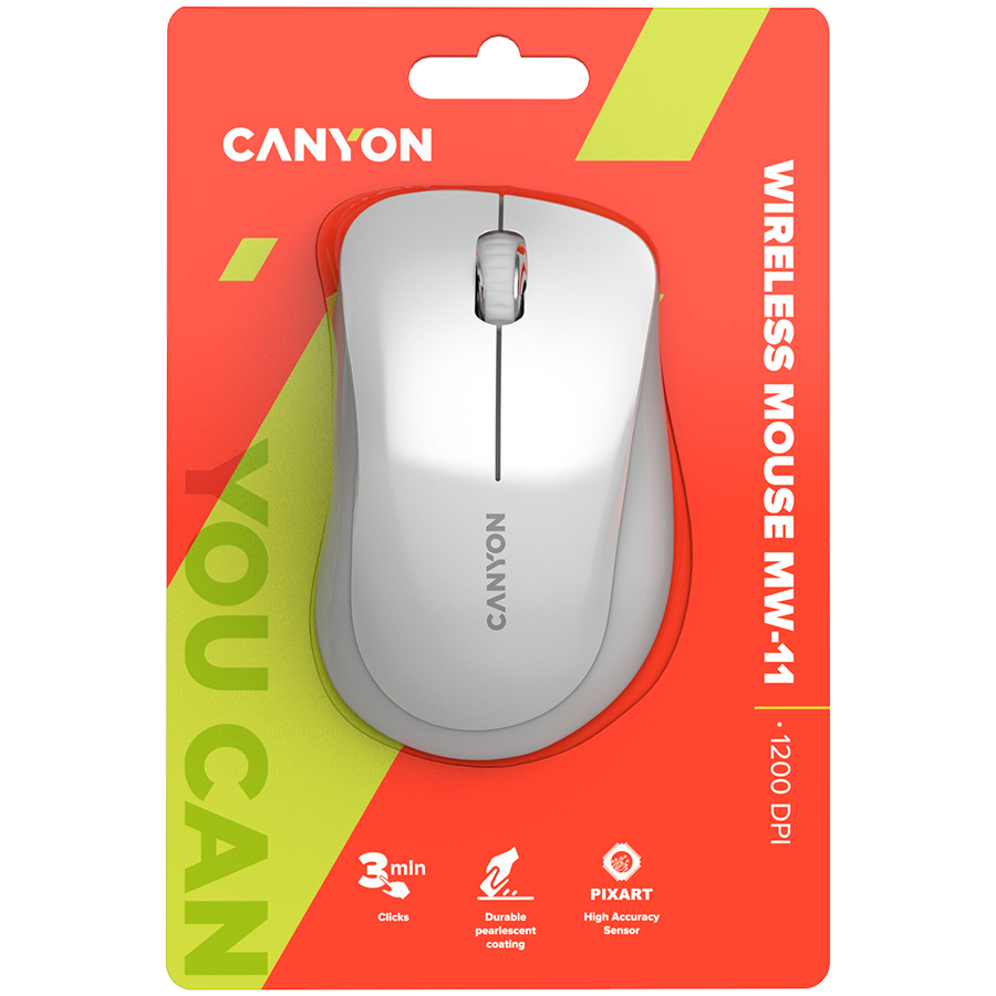 CANYON MW-11, 2.4 GHz Wireless mouse ,with 3 buttons, DPI 1200, Battery:AAA*2pcs ,pearl white grey67*109*38mm 0.063kg
