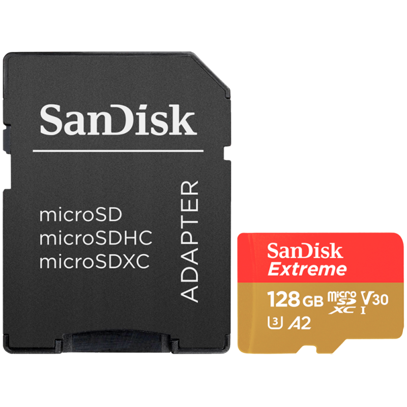 SANDISK Extreme microSDXC 128GB + SD Adapter + 1 year RescuePRO Deluxe up to 190MB/s & 90MB/s Read/Write speeds A2 C10 V30 UH