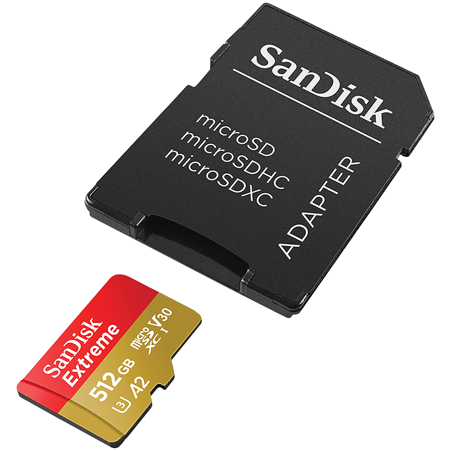 SANDISK Extreme microSDXC 512GB + SD Adapter + 1 year RescuePRO Deluxe up to 190MB/s & 130MB/s Read/Write speeds A2 C10 V30 U