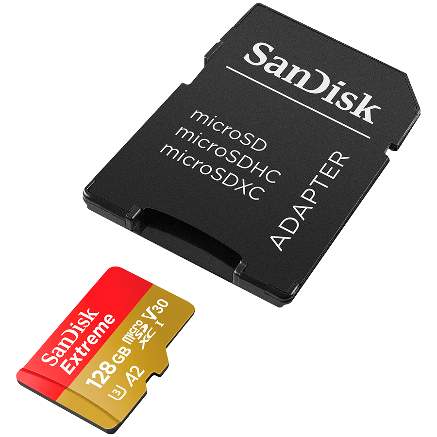 SANDISK Extreme microSDXC 128GB for Action Cams and Drones + SD Adapter + 1 year RescuePRO Deluxe up to 190MB/s & 90MB/s Read