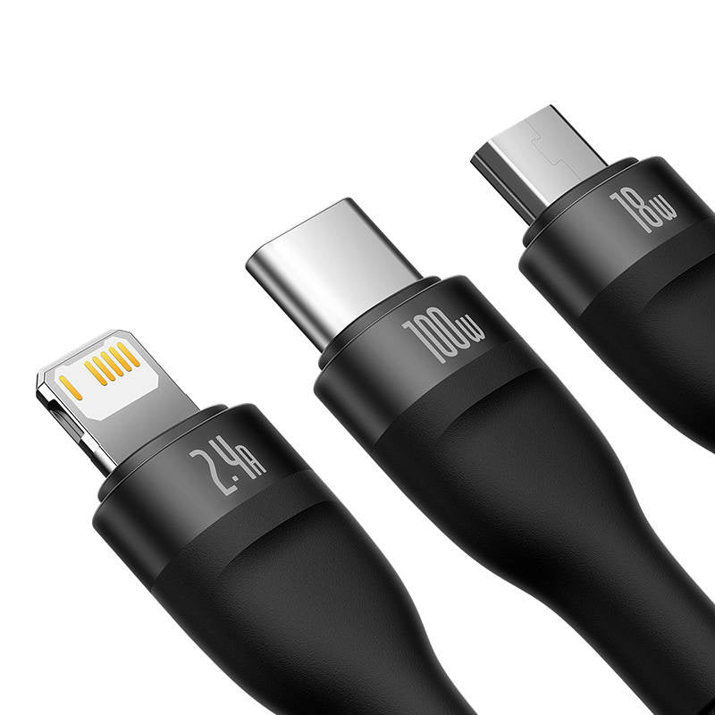 3in1 USB cable Baseus Flash Series, USB-C + micro USB + Lightning, 100W, 1.2m (black) - Product Image 4