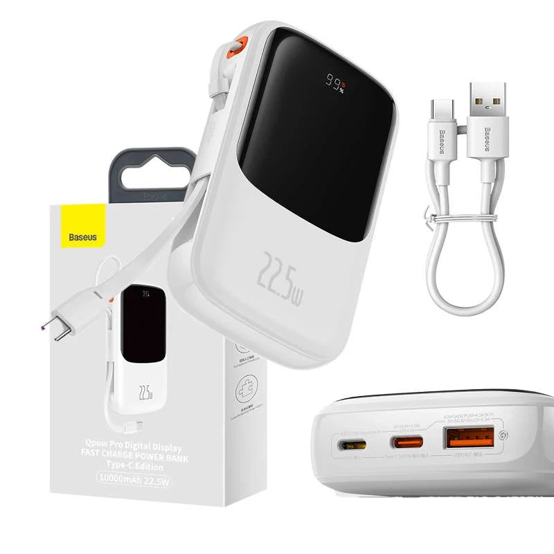 Powerbank Baseus Qpow Pro with USB-C cable, USB-C, USB, 10000mAh, 22.5W (white) - Product Image 1