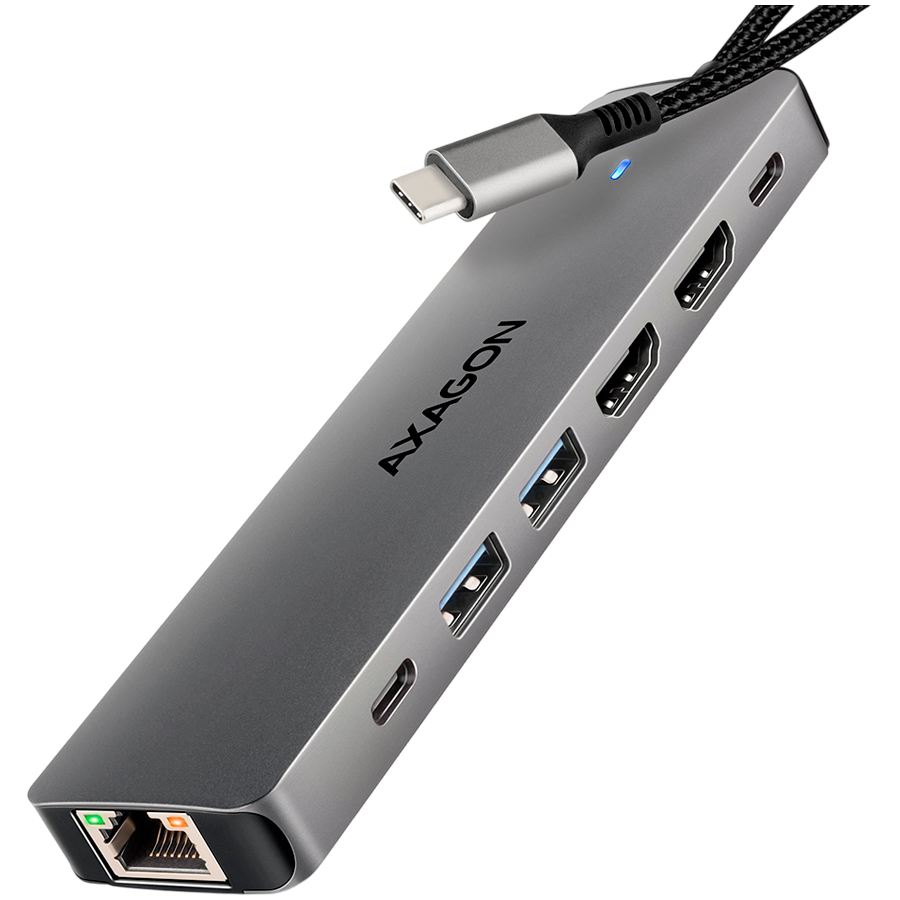 AXAGON HMC-7HX2 USB-C 3.2 Gen 1 hub, 2x USB-A + 1x USB-C, 2x HDMI 4K 60Hz, GLAN, PD 100W, 15cm USB-C cable