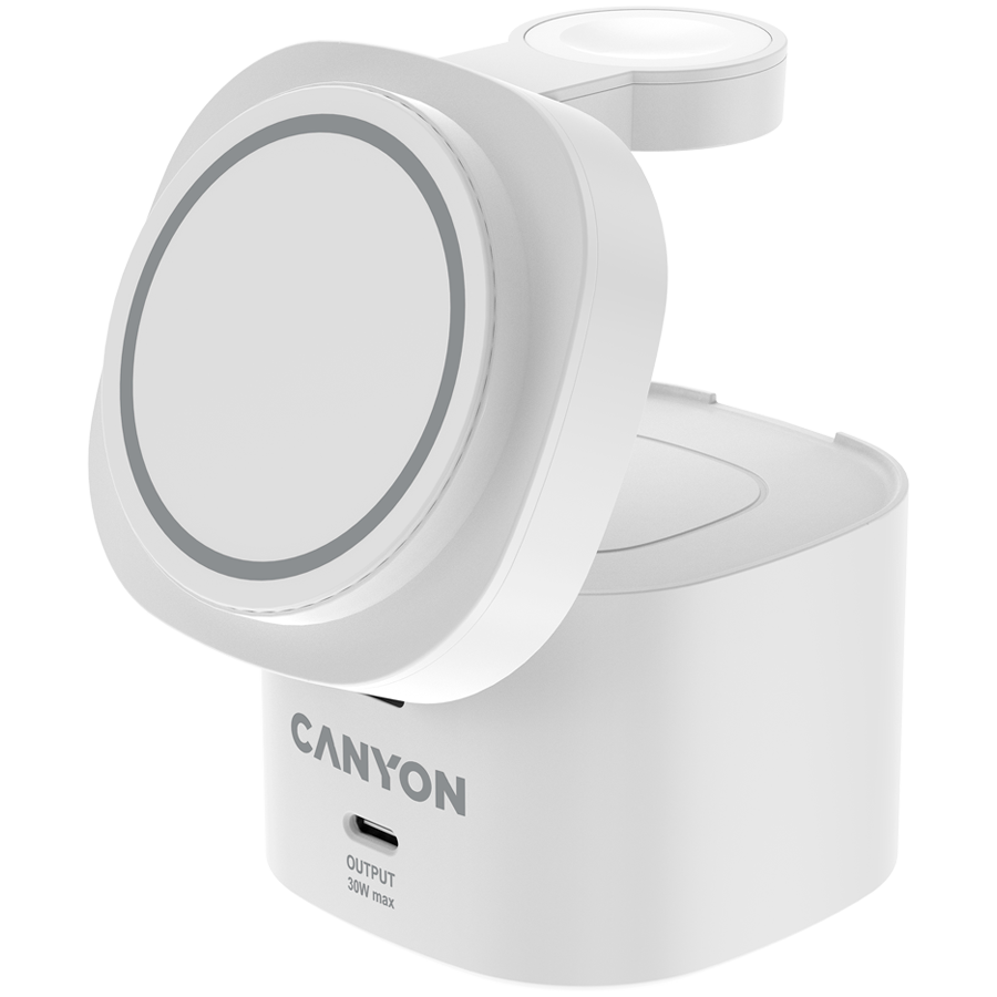 Canyon 4 in 1 Wireless Charging Stand, 30W max, Size: 70x70x70.3mm, weight: 414g, with 65W charger and 1M cable, white