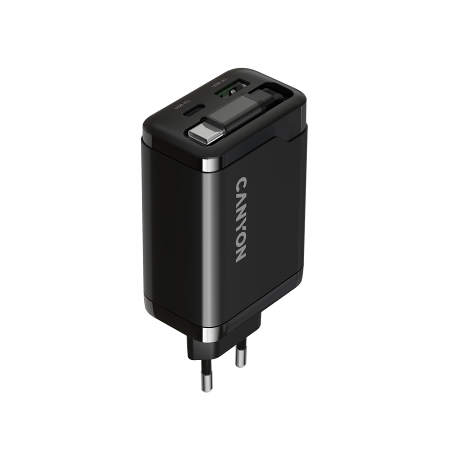 CANYON charger OnCharge 65RC Build-In Cable USB-C 65W 1xPD 1xQC EU Black