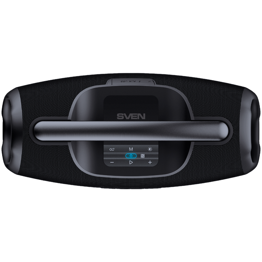 Portable speaker SVEN PS-990, black, power output 180W (RMS), TWS, Bluetooth, RGB backlight, Waterproof (IPx7), USB, Lithium