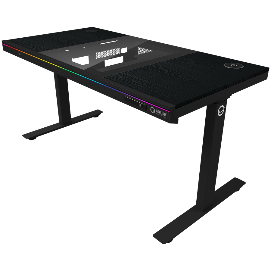Dual-motor sit/stand adjustable-height gaming desk with built-in PC case, wireless charger, RGB lighting, control panel, and