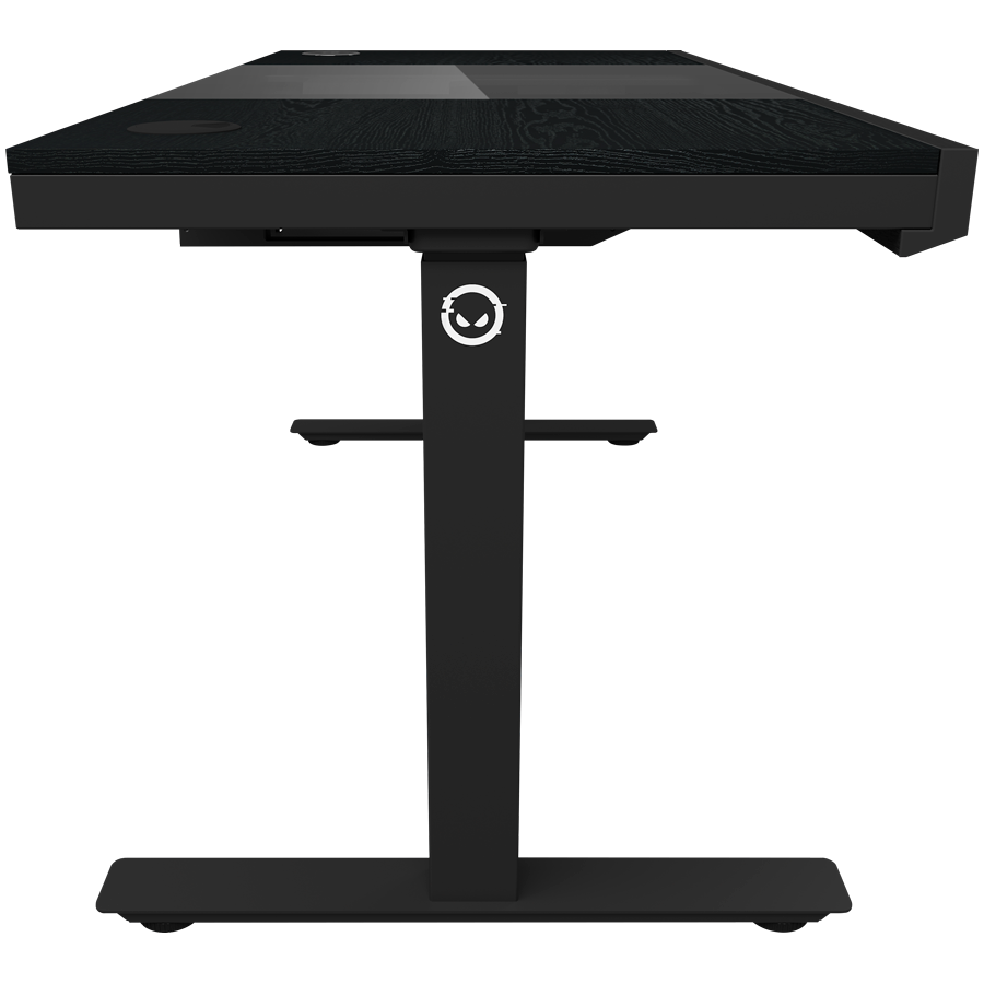 Dual-motor sit/stand adjustable-height gaming desk with built-in PC case, wireless charger, RGB lighting, control panel, and