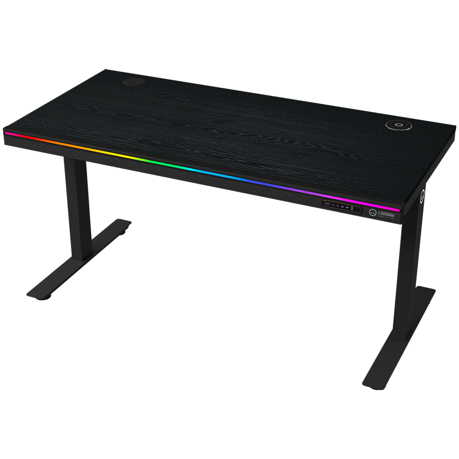 Dual-motor sit/stand adjustable-height gaming desk with wireless charger, RGB lighting, control panel, and USB ports, PB mela