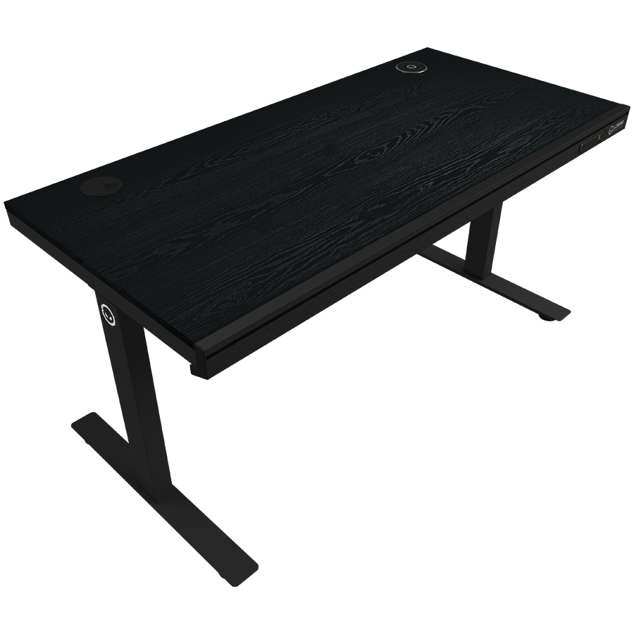 Dual-motor sit/stand adjustable-height gaming desk with wireless charger, RGB lighting, control panel, and USB ports, PB mela