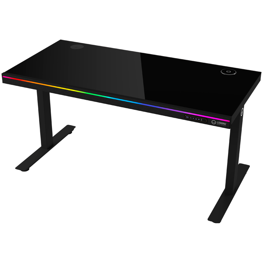 Dual-motor sit/stand adjustable-height gaming desk with wireless charger, RGB lighting, control panel, and USB ports, solid t