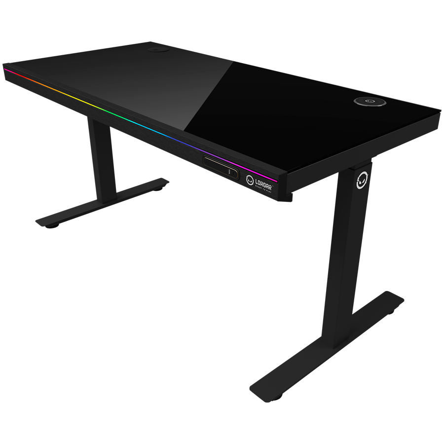 Dual-motor sit/stand adjustable-height gaming desk with wireless charger, RGB lighting, control panel, and USB ports, solid t