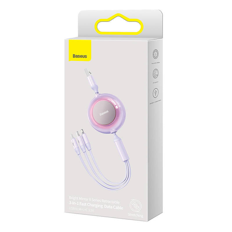 Baseus Bright Mirror 2, 3-in-1 USB 3-in-1 cable for micro USB / USB-C / Lightning 3.5A 1.1m (Purple) - Product Image 5
