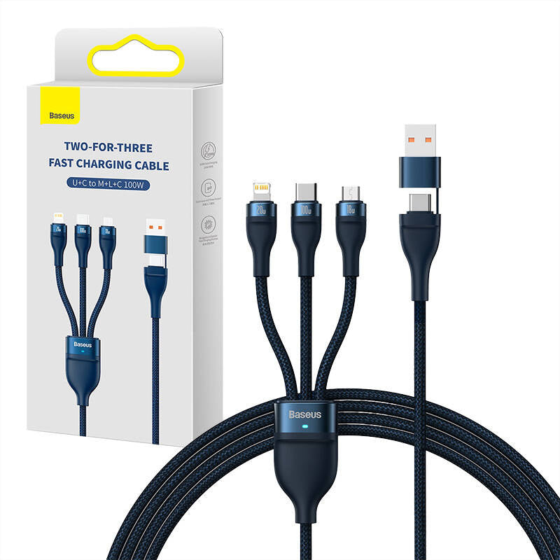 3in1 USB cable Baseus Flash Series 2, USB-C + micro USB + Lightning, 100W, 1.2m (blue) - Product Image 6