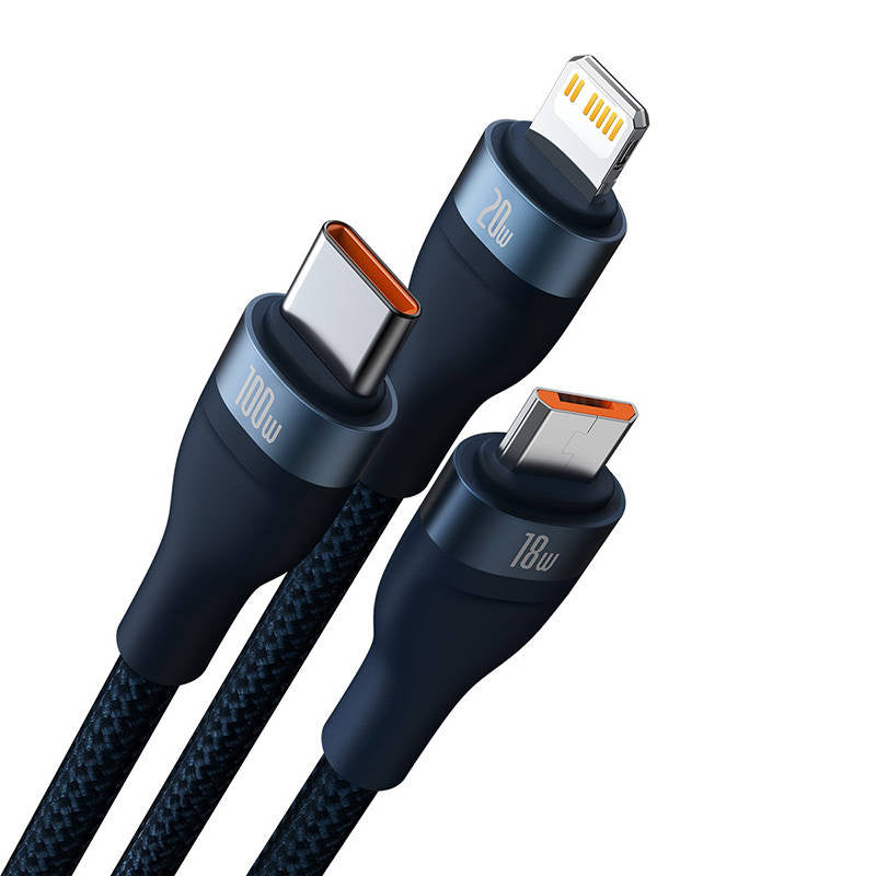 3in1 USB cable Baseus Flash Series 2, USB-C + micro USB + Lightning, 100W, 1.5m (blue) - Product Image 2