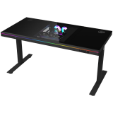 Dual-motor sit/stand adjustable-height gaming desk with built-in PC case, wireless charger, RGB lighting, control panel, and