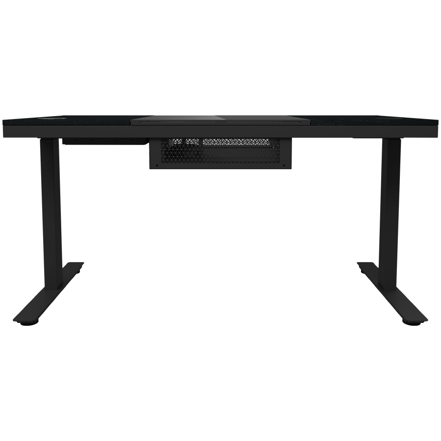 Dual-motor sit/stand adjustable-height gaming desk with built-in PC case, wireless charger, RGB lighting, control panel, and