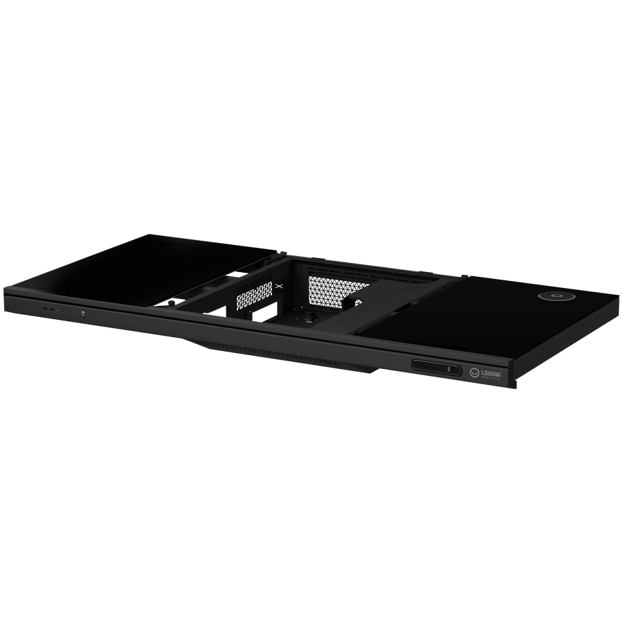 Dual-motor sit/stand adjustable-height gaming desk with built-in PC case, wireless charger, RGB lighting, control panel, and
