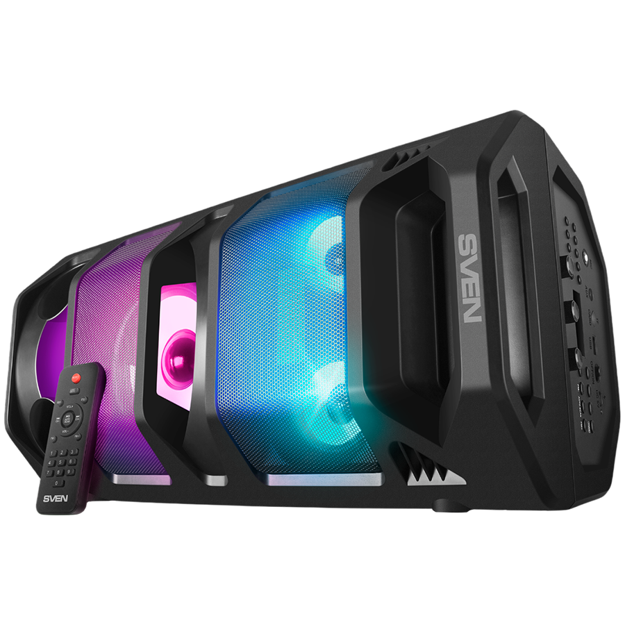 2.0 portable speaker SVEN PS-670, black, power output 2x32.5W (RMS), TWS, Bluetooth, FM, USB, microSD, LED-display, RC, lithi