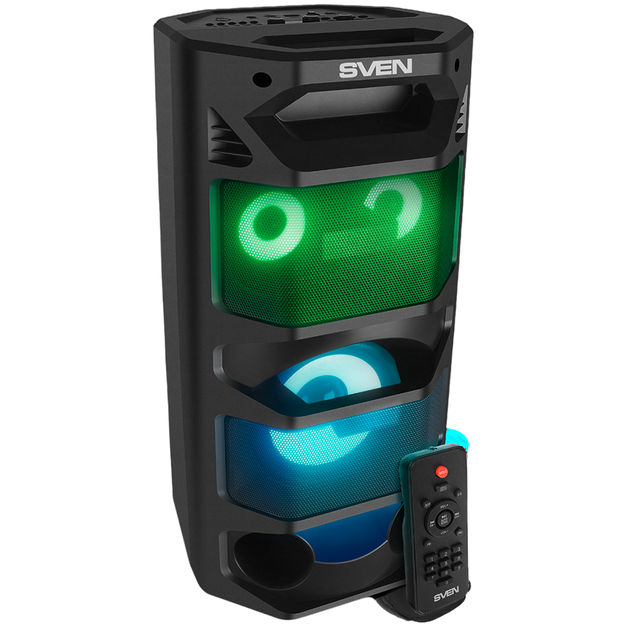 2.0 portable speaker SVEN PS-670, black, power output 2x32.5W (RMS), TWS, Bluetooth, FM, USB, microSD, LED-display, RC, lithi