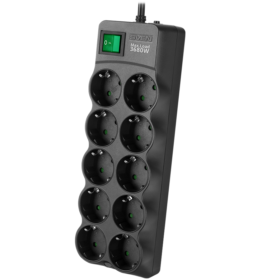 Surge Protector SVEN SF-10E-16 1,8 m, 16A, 3.6kW, (10 sockets with children protection), black