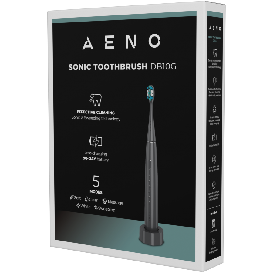 Wireless Tooth Brush, Grey, 3 Brush Heads, 1400mAh, Function: Soft, Clean, Massage, White, Sweep — AENO