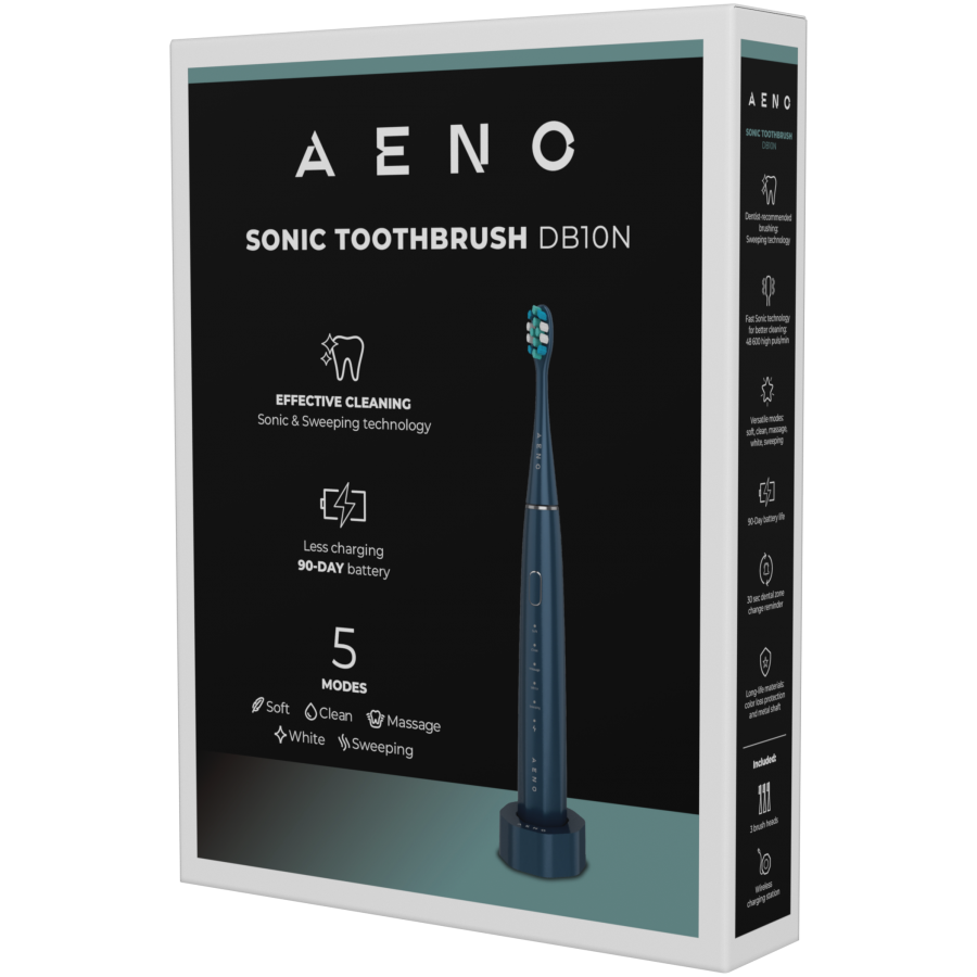 Wireless Tooth Brush, Navy Blue, 3 Brush Heads, 1400mAh, Function: Soft, Clean, Massage, White, Sweep — AENO