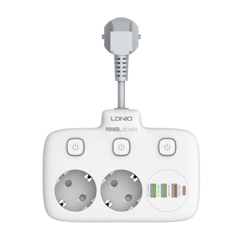 Power strip with 2 AC sockets, 3x USB, USB-C, LDNIO SE2435, 2500W (white) - Product Image 1