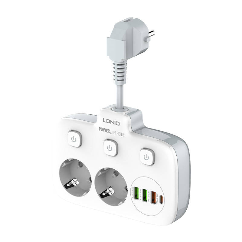 Power strip with 2 AC sockets, 3x USB, USB-C, LDNIO SE2435, 2500W (white) - Product Image 2