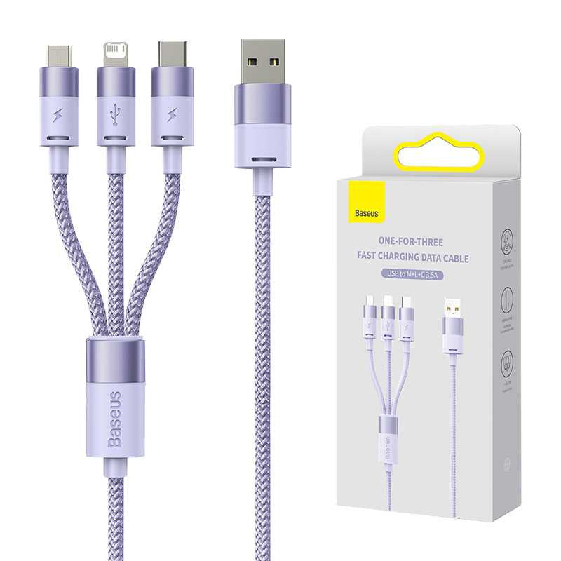3in1 USB cable Baseus StarSpeed Series, USB-C + Micro + Lightning 3,5A, 1.2m (Purple) - Product Image 8