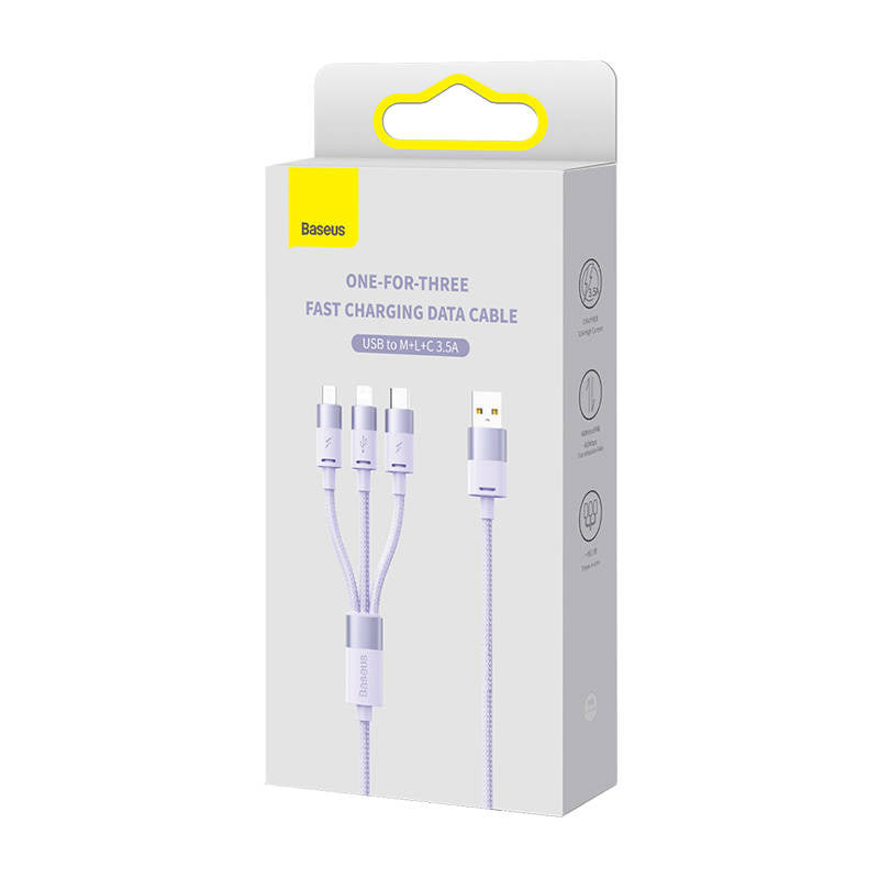 3in1 USB cable Baseus StarSpeed Series, USB-C + Micro + Lightning 3,5A, 1.2m (Purple) - Product Image 6