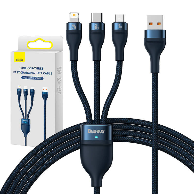 3in1 USB cable Baseus USB 3in1 Baseus Flash Series, USB-C + Micro + Lightning 66W, 1.2m (blue) - Product Image 1