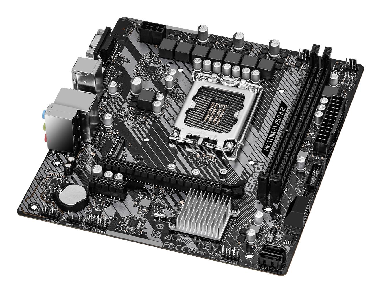 Mainboard ASROCK Intel H610 LGA1700 Micro-ATX Memory DDR4 Memory slots 2 1xPCI-Express 3.0 1x 1xPCI-Express 4.0 16x 1xM.2 1x15pin D-sub 1xHDMI 1xAudio-In 1xAudio-Out 1xMicrophone 4xUSB 2.0 2xUSB 3.2 1xPS/2 1xRJ45 H610M-HVS/M.2R2.0